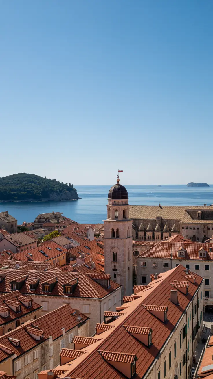 A crystal-clear view over Dubrovnik’s terracotta rooftops, with the deep blue Adriatic Sea stretching beyond, all glowing under a bright, cloudless sky.