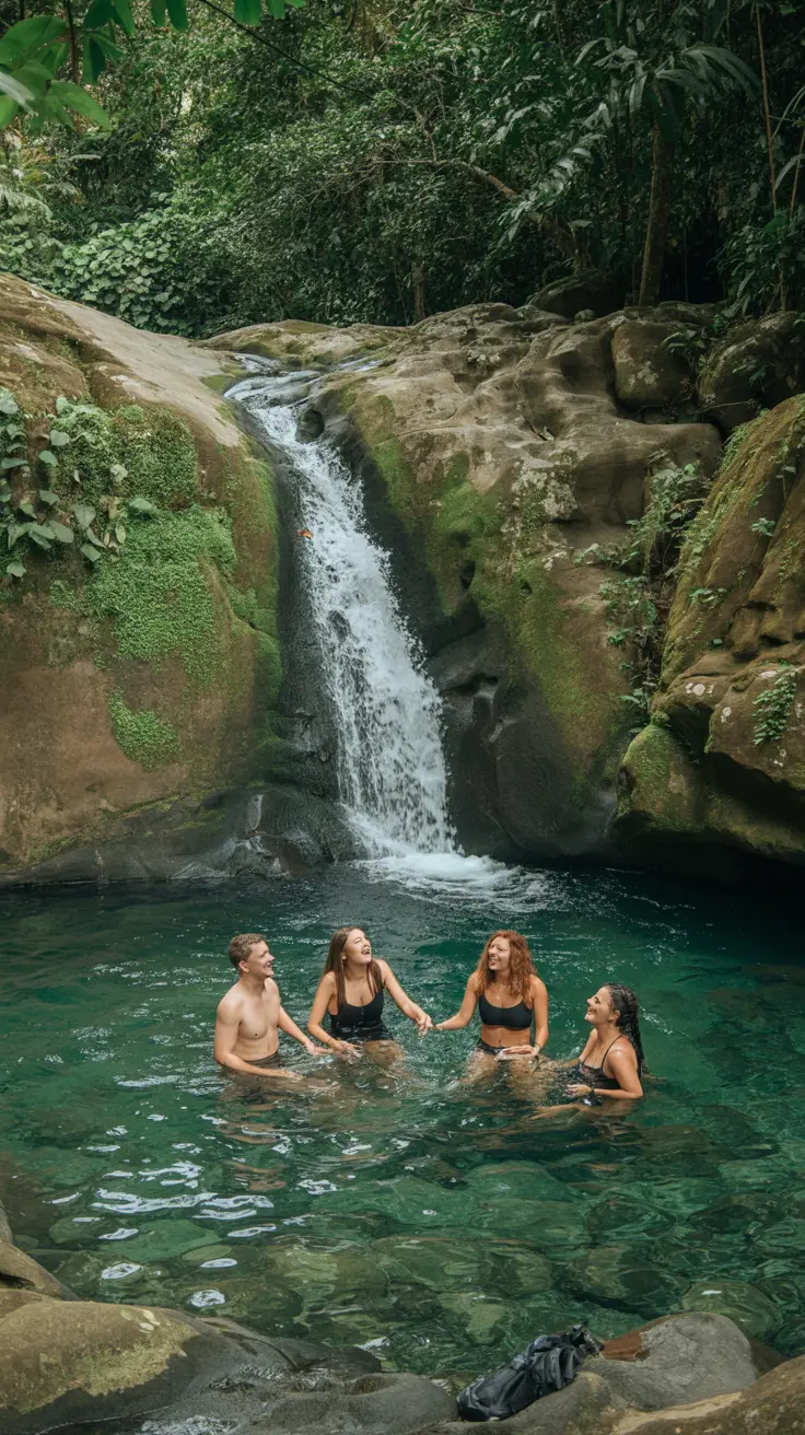 A lush, emerald waterfall cascades into a crystal-clear pool surrounded by moss-covered rocks; a group of smiling travelers wade in the water, mid-laughter, splashing under the falls; in the background, dense tropical foliage frames the secluded paradise.