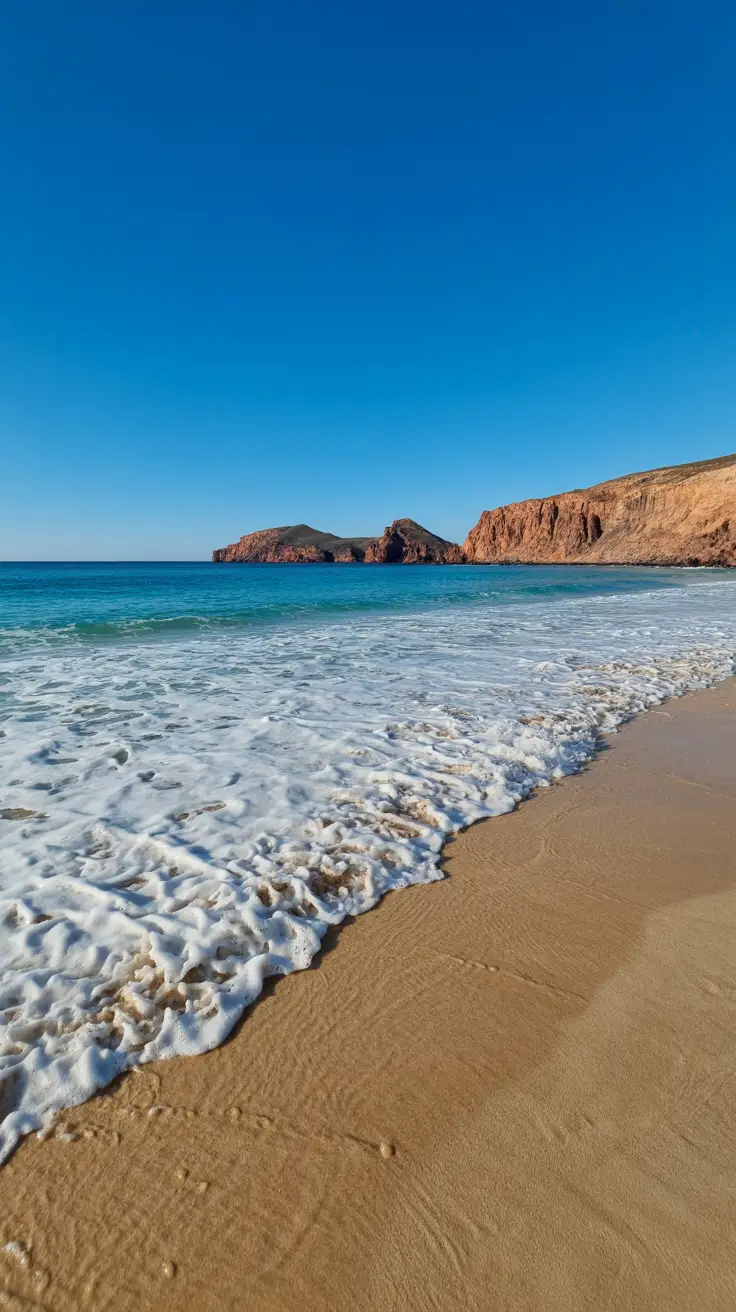 A crystal-clear wave gently laps the soft golden sands of Playa Sucia, with rugged cliffs rising in the distance under a vivid blue sky on a bright sunny day.