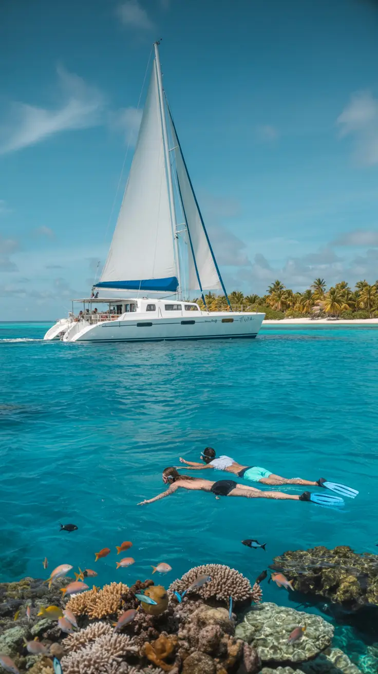 A sun-drenched catamaran glides over crystal-clear turquoise waters near Isla Saona, its white sails billowing gently in the breeze. In the foreground, two snorkelers float above a vibrant coral reef, surrounded by colorful tropical fish. In the distance, swaying palm trees line the untouched sandy shore of a remote island.