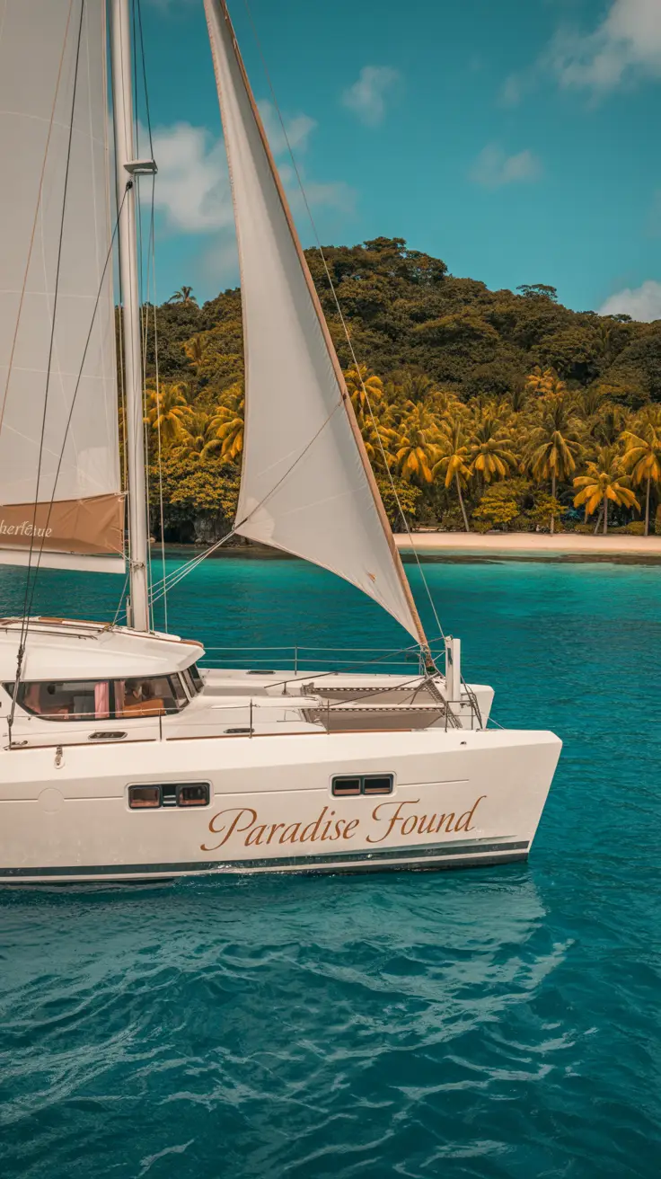 A photograph of a sleek white catamaran gracefully floating on the vibrant turquoise waters of a tropical sea, with sails partially unfurled and "PARADISE FOUND" elegantly painted in gold on the hull; a lush palm-fringed island with white sand and deep green foliage rises in the sunny background, creating a serene and idyllic atmosphere.