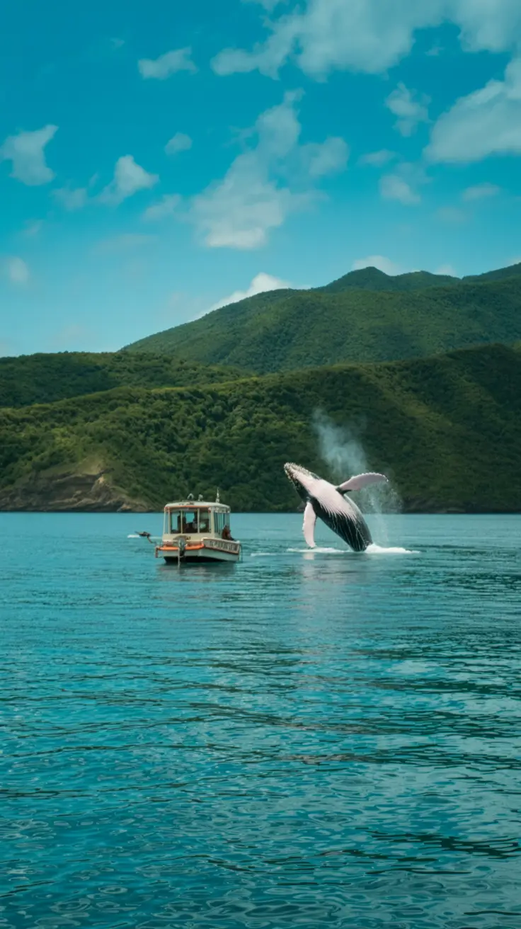 A small boat floats on clear turquoise water near Samaná Bay, as a humpback whale breaches dramatically in the background, sending a spray of white foam into the air. Lush green hills rise gently along the coastline under a bright blue sky.