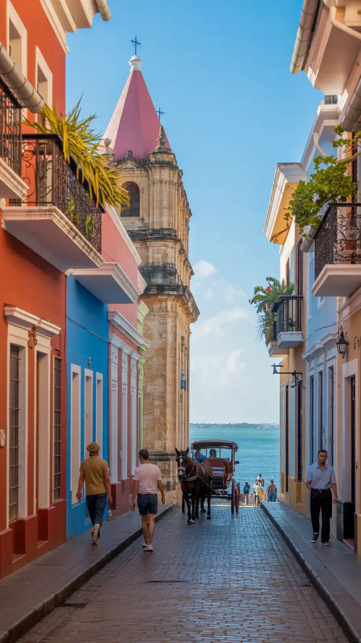 A vibrant street scene in Santo Domingo captures a mix of colonial architecture and modern life. In the foreground, a cobblestone alley lined with brightly colored 16th-century buildings basks in golden afternoon light. Locals in contemporary clothing stroll past wrought-iron balconies draped with tropical plants. A horse-drawn carriage waits near an ancient stone cathedral, while just beyond, the sea glimmers under a clear blue sky. The crisp details and rich textures reflect the high-end camera's depth and clarity.
