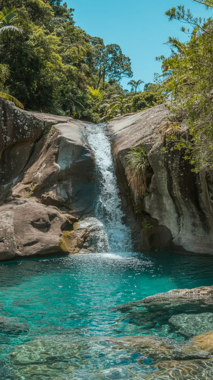 A crystal-clear waterfall cascades into a turquoise pool, surrounded by lush greenery under a bright blue sky, sunlight sparkling on the water.