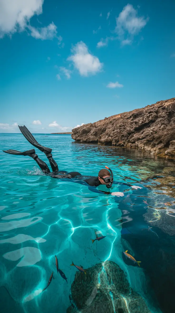 A photograph of a lone snorkeler gliding through pristine turquoise water near a rocky shoreline, wearing a black wetsuit and diving mask, surrounded by sunlit patterns on the sandy ocean floor with small colorful fish, under a bright blue sky with fluffy clouds.