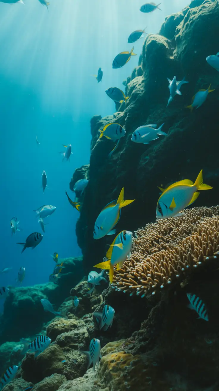 A crystal-clear view of vibrant coral and shimmering fish near a rocky underwater ledge, sunlight streaming through turquoise water on a bright sunny day.