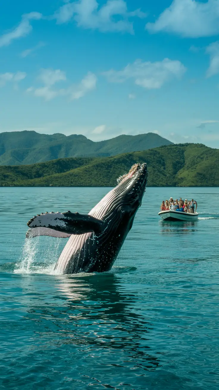 A humpback whale breaches dramatically from the turquoise waters of Samaná Bay under a clear blue sky, its massive body glistening in the sunlight. In the background, a small boat filled with awestruck tourists floats nearby, offering a sense of scale and wonder. Lush green hills rise gently along the distant shoreline, framing the natural spectacle.