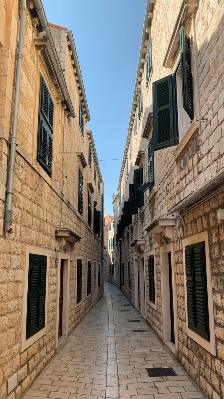 A narrow, sunlit stone alleyway in Dubrovnik, lined with weathered limestone walls and green shuttered windows, glowing under a bright blue sky.
