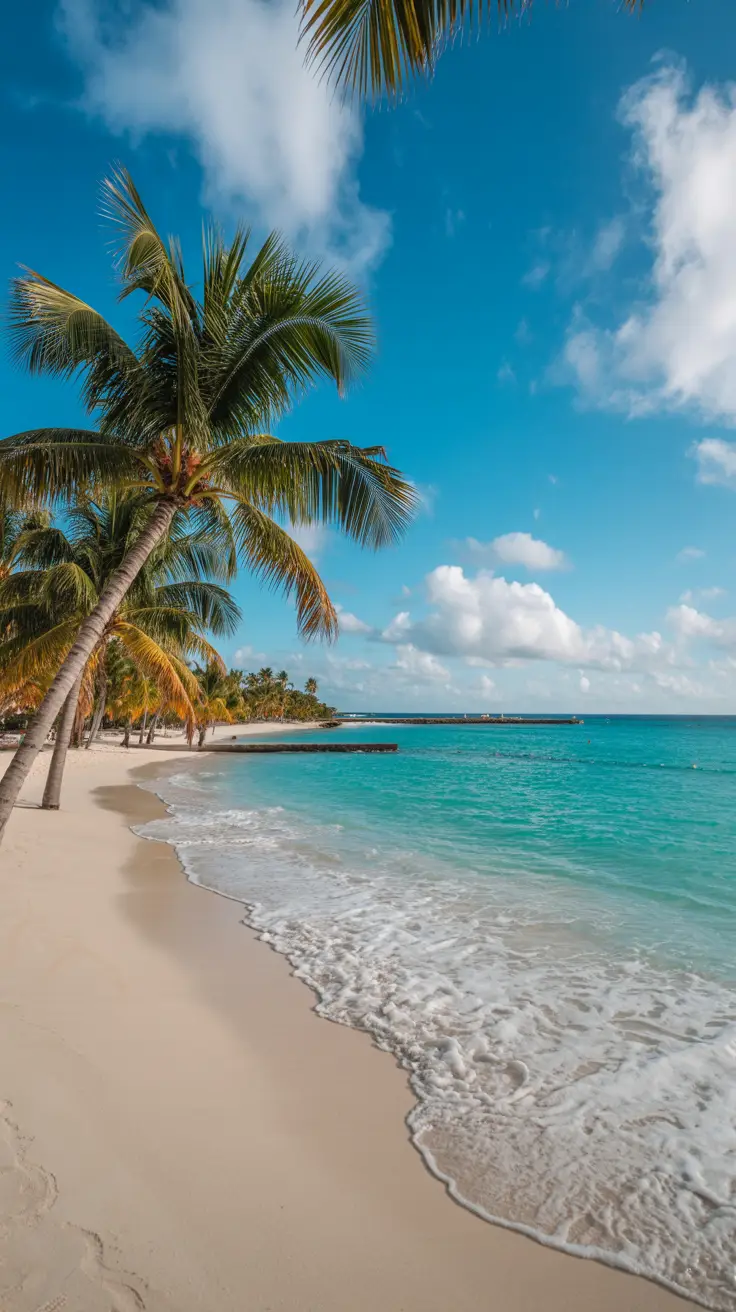 A high-resolution photo of a pristine beach in Punta Cana on a bright sunny day—powdery white sand meets vivid turquoise water, gently lapping at the shore, with tall palm trees swaying lightly in the warm breeze.