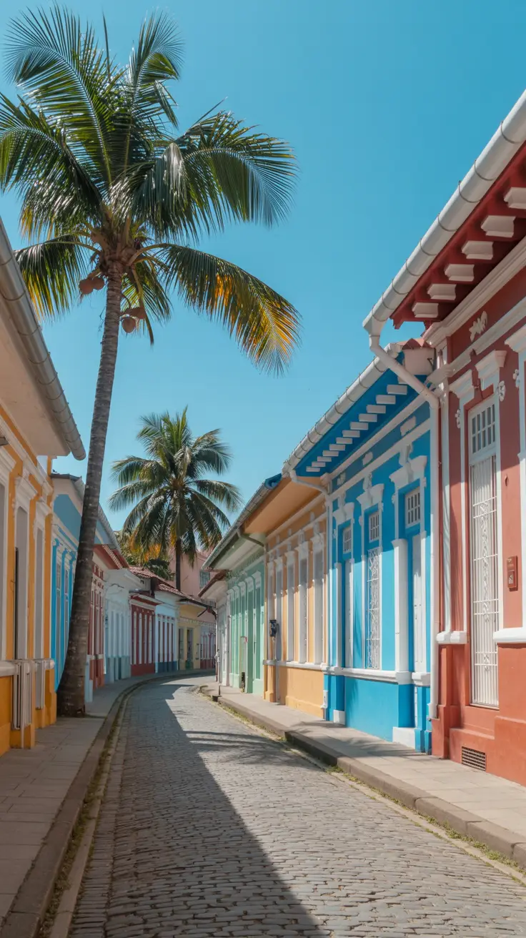A sunlit cobblestone street winds past colorful colonial buildings, their pastel walls glowing under the clear blue sky. Palm shadows stretch gently across the path.