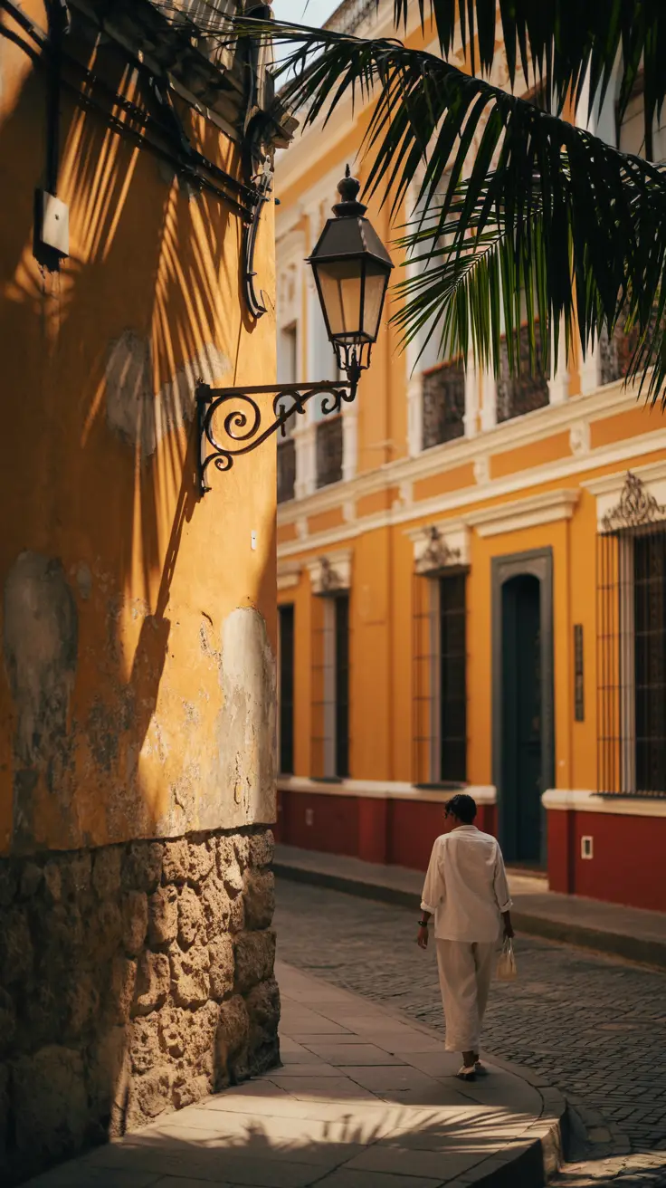 Golden light spills across the weathered stones of Calle Las Damas, casting long shadows from swaying palm fronds. In the foreground, a vintage wrought-iron lamp clings to a crumbling colonial wall, rich with texture. A lone passerby in crisp white linen strolls along the cobblestones, adding a sense of timeless motion.