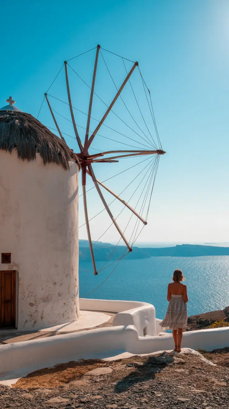 A whitewashed windmill with a conical thatched roof on a sunlit hilltop above the Aegean Sea, its wooden blades casting shadows across rocky terrain; a traveler in a flowing sundress stands silhouetted in the golden late-afternoon light, gazing out over the sparkling deep blue water beneath a cloudless sky.