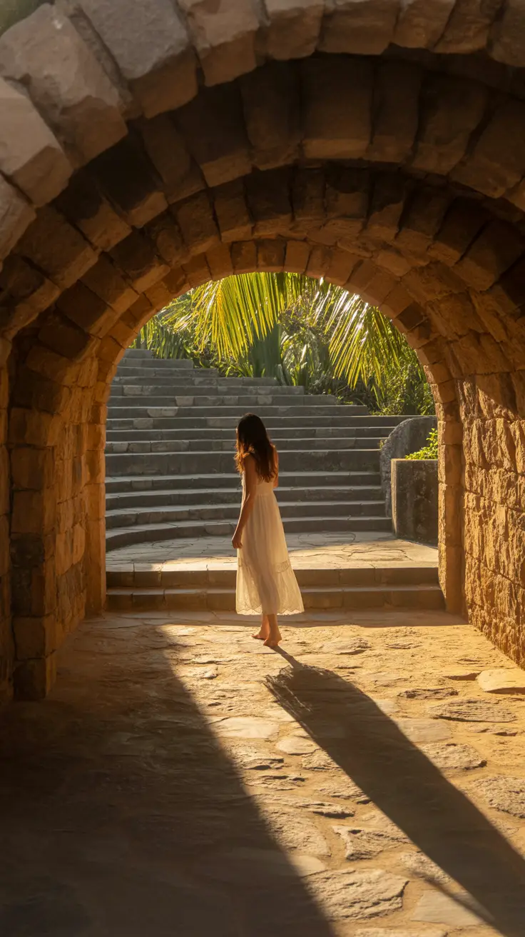 A golden sunset bathes the rustic stone amphitheater in warm light, casting long shadows across the ancient-looking steps. A woman in a flowing white dress stands at the center, her back to the camera, arms slightly raised as if embracing the moment. Soft tropical greenery peeks through the stone arches behind her.