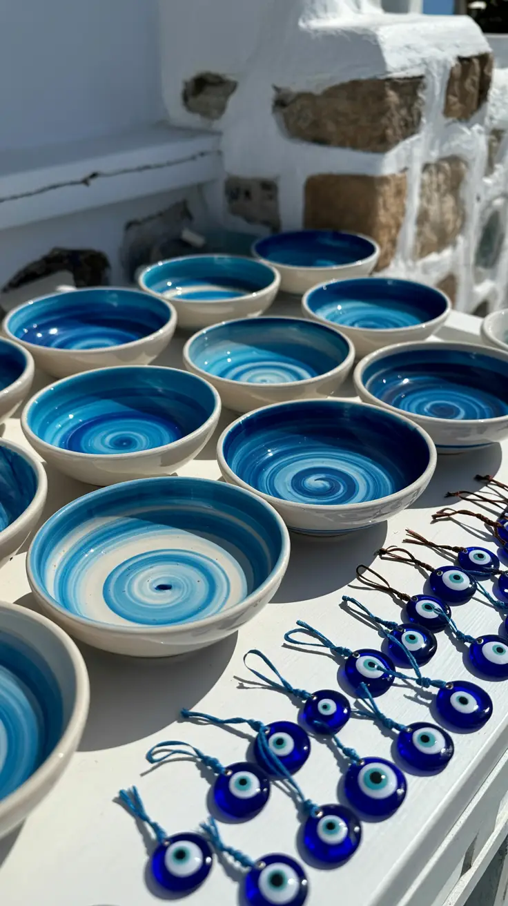 A sunlit market stall in Mykonos displays hand-painted ceramic bowls in vivid blues and whites with swirling patterns reminiscent of the Aegean Sea, alongside glinting evil eye charms tied with blue cords, set against a traditional whitewashed wall with stone accents.