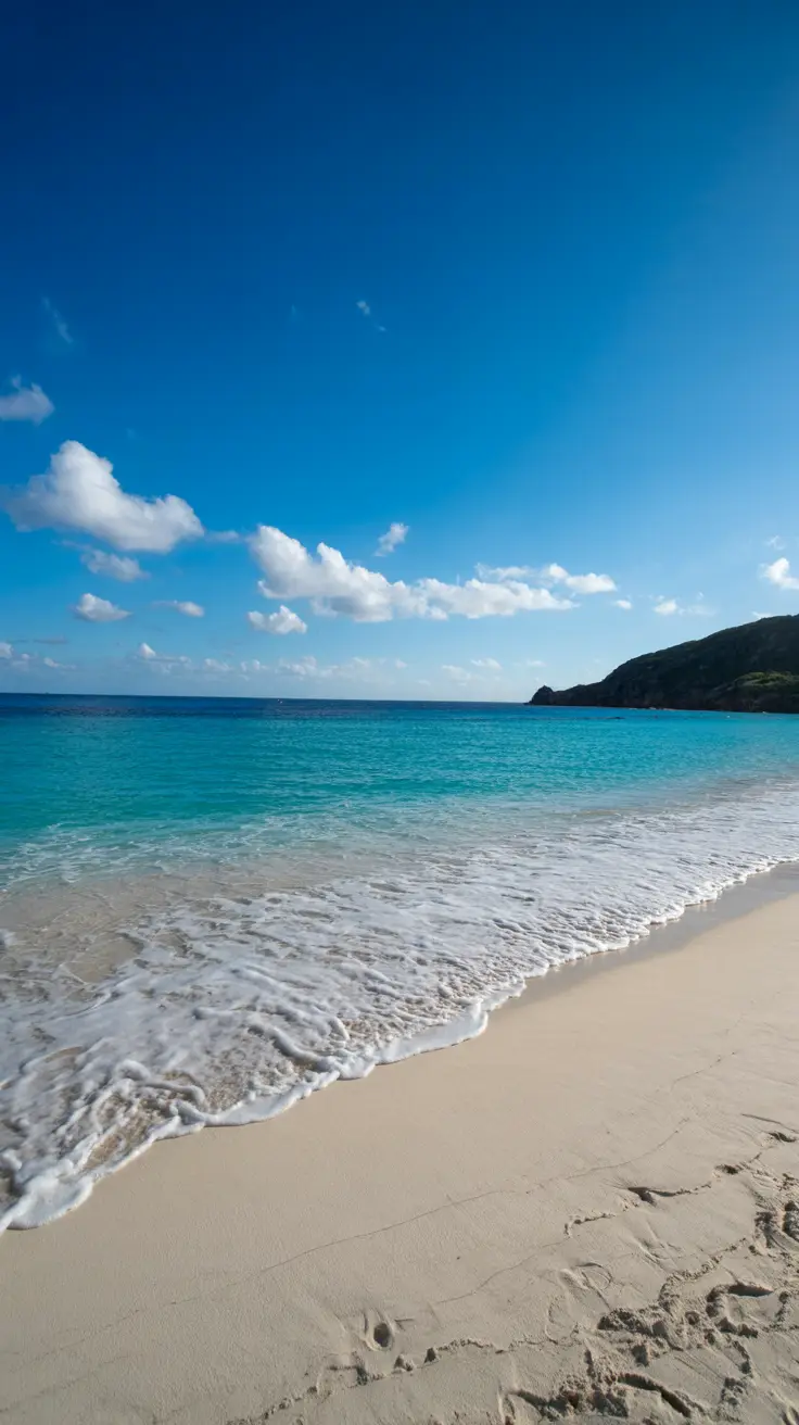 A high-end photo captures a sun-drenched stretch of white sand on Catalina Island, Dominican Republic, with crystal-clear turquoise waves gently lapping the shore under a brilliant blue sky.