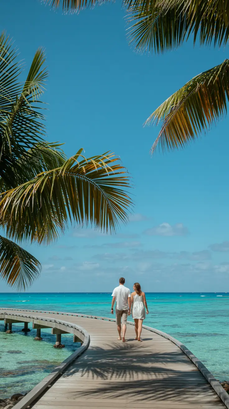 A sunlit boardwalk curves gently along a turquoise shoreline, where palm trees cast crisp shadows on wooden planks as a barefoot couple strolls under a radiant blue, cloudless sky.