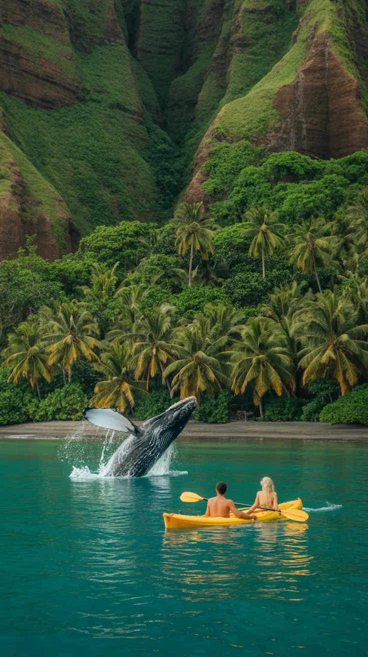 A vibrant tropical scene captures a couple kayaking through crystal-clear turquoise waters, surrounded by lush green cliffs draped in tropical foliage. In the background, a humpback whale breaches dramatically from the ocean, its splash glistening in the golden afternoon light. A palm-fringed beach stretches along the shore, inviting and unspoiled.