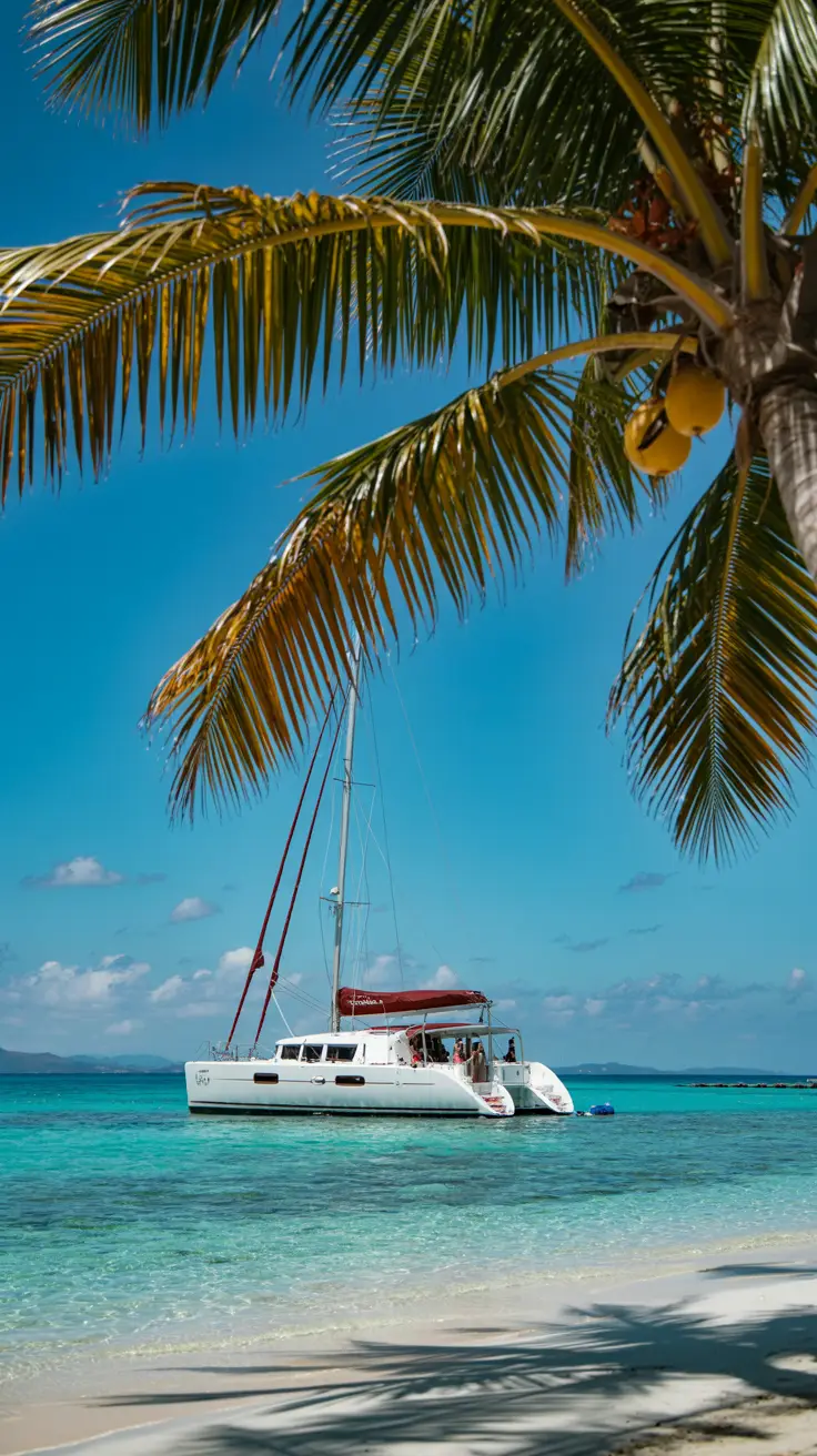 A sunlit catamaran floats on crystal-clear turquoise water near a white sand beach, framed by swaying palm trees under a vivid blue sky.