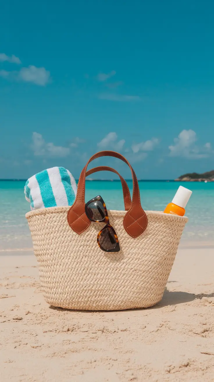 A straw beach tote rests on sun-dappled sand, with sunglasses, a rolled-up towel, and sunscreen peeking out, framed by turquoise water and a clear blue sky.