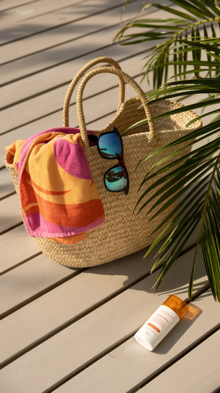 A straw beach tote rests on a sun-dappled wooden deck, partially open to reveal a rolled-up beach towel in vibrant tropical colors and a pair of polarized sunglasses with mirrored lenses perched on top; nearby, a bottle of reef-safe sunscreen catches the sunlight beside a gently swaying palm frond.