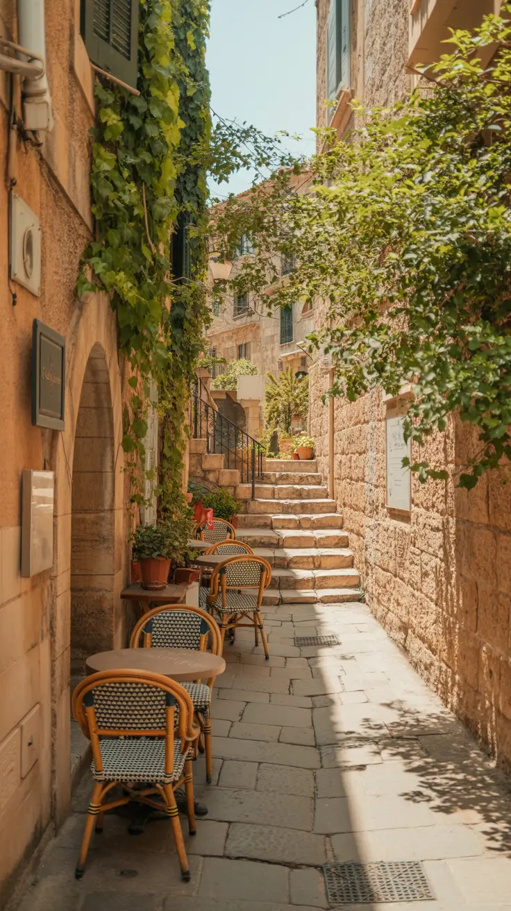 A sunlit stone alley winds between ancient walls, where a tucked-away café spills out with wicker chairs and dappled light, ivy creeping along warm limestone.
