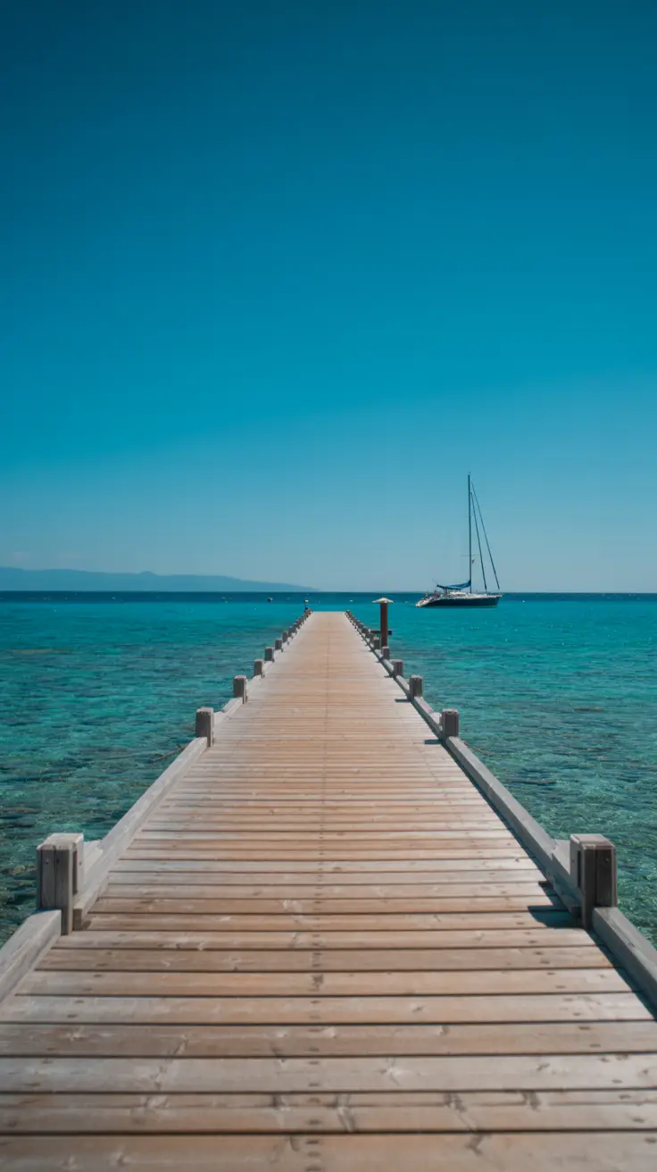 A sunlit wooden pier stretches into crystal-clear turquoise waters, with a single sailboat anchored nearby under a vivid blue sky.