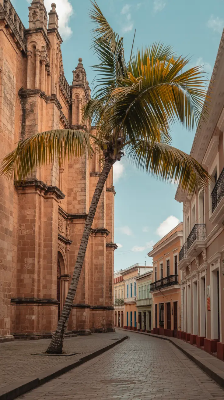 A cobblestone street winds through Santo Domingo’s Colonial Zone, lined with sun-kissed stone buildings in warm earth tones. In the foreground, a centuries-old cathedral rises with weathered, intricate Gothic details. A single palm tree leans gently into the frame, its green fronds casting dappled shadows across the aged façade.