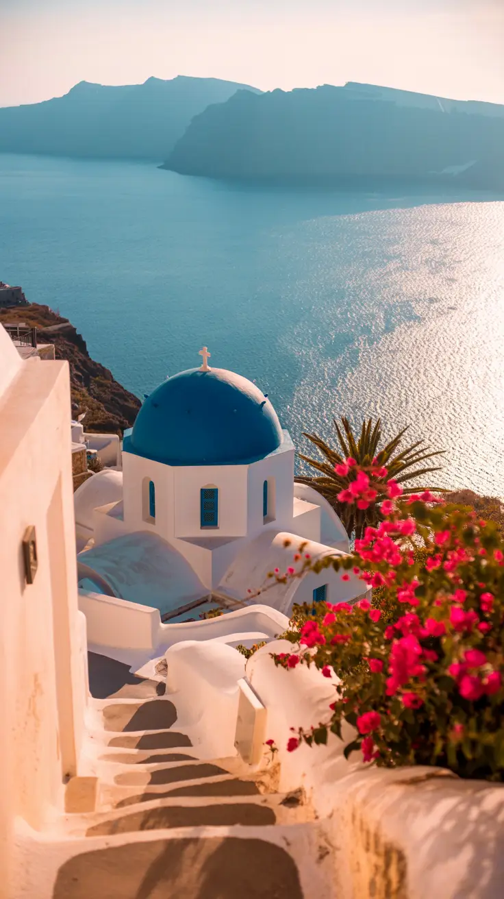 A whitewashed chapel with a cobalt-blue dome perched on a cliffside overlooking the sparkling turquoise waters of the Aegean Sea, with a winding stone path lined with pink bougainvillaea in the foreground and bathed in the golden light of late afternoon.