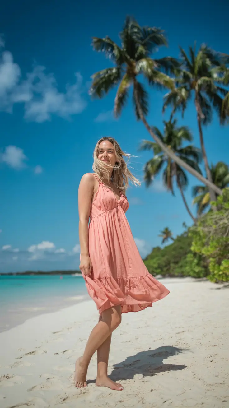 A woman stands barefoot in soft white sand, wearing a flowy coral sundress that flutters slightly in the breeze; palm trees sway behind her under a bright blue sky, and the turquoise ocean sparkles in the background.