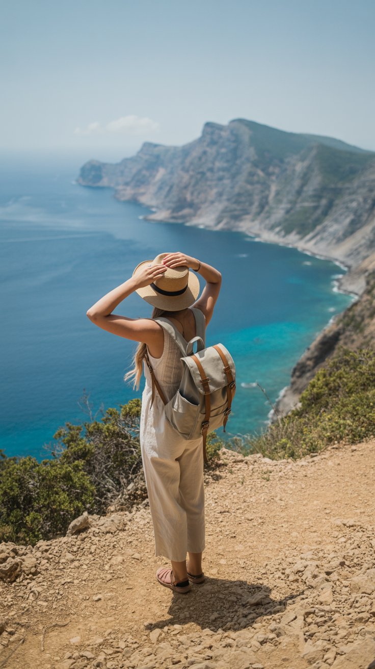 A woman stands on a sunlit cliffside trail overlooking turquoise waters, wearing a linen jumpsuit and wide-brimmed straw hat, her canvas backpack slung casually over one shoulder.