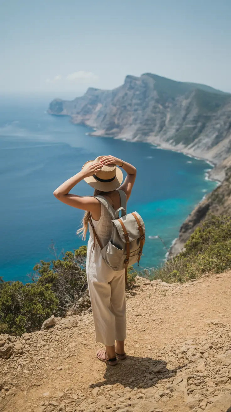 A woman stands on a sunlit cliffside trail overlooking turquoise waters, wearing a linen jumpsuit and wide-brimmed straw hat, her canvas backpack slung casually over one shoulder.