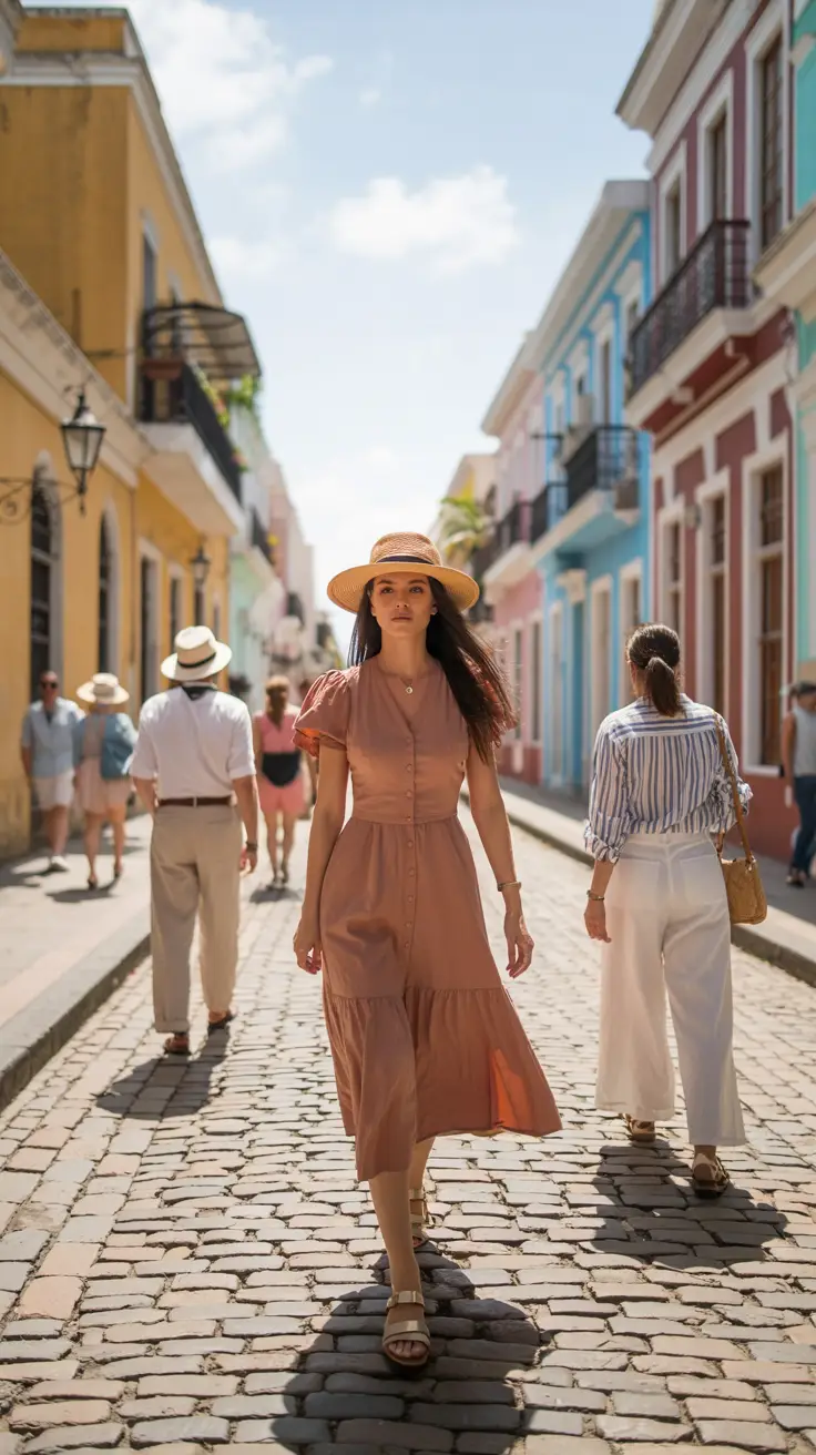 A high-resolution photograph captures a sunlit cobblestone street in Santo Domingo lined with vibrant colonial buildings in warm, earthy tones. A stylish woman walks confidently toward the camera, wearing a linen midi dress in muted terracotta, a straw hat casting soft shadows over her face, and leather sandals suitable for uneven terrain. Behind her, others lounge or stroll, dressed in breezy fabrics—loose trousers, flowy skirts, and crossbody bags—every detail crisp and colorful, evoking effortless summer elegance against the textured, historic backdrop.