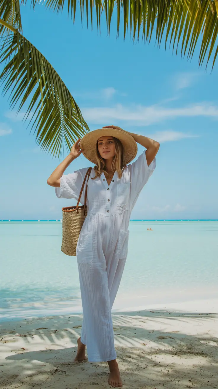 A woman stands on a palm-lined beach with crystal-clear turquoise water behind her, wearing a breezy white linen jumpsuit and oversized straw sunhat. She's barefoot in the soft sand, and a woven beach tote hangs from her shoulder.
