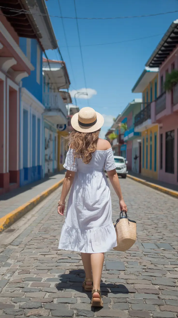 A woman walks along a cobblestone street in Puerto Plata under clear blue skies, wearing a breezy linen dress and straw hat, sunlight highlighting her gold sandals.
