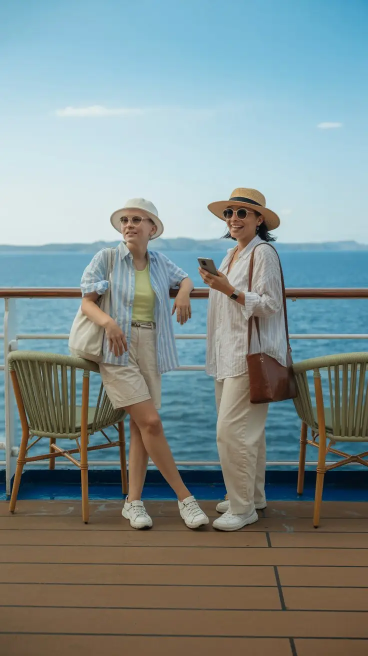 2 single ladies on a cruise ship standing on the deck