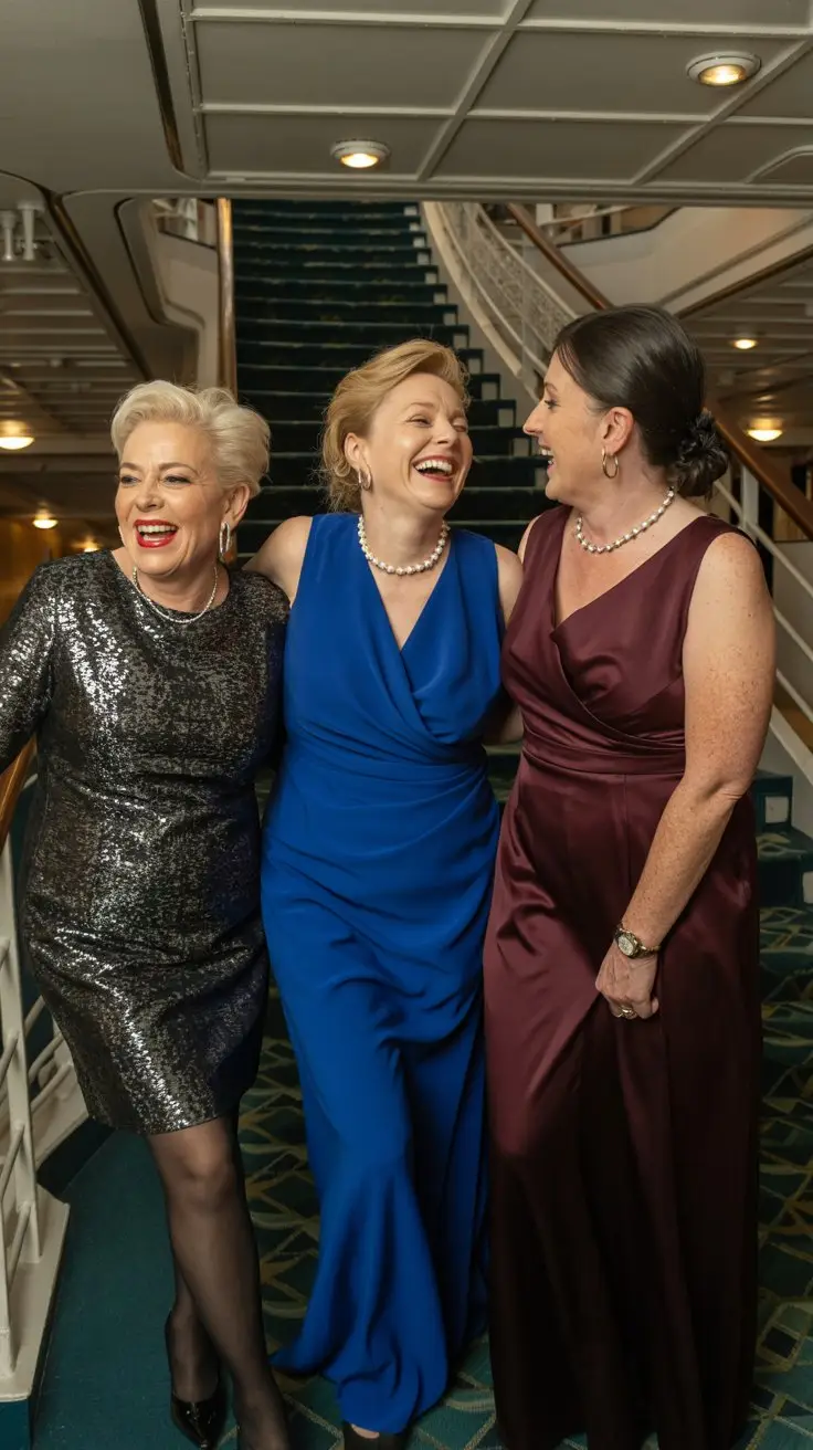 3 single ladies on a cruise ship dressed in formal outfits