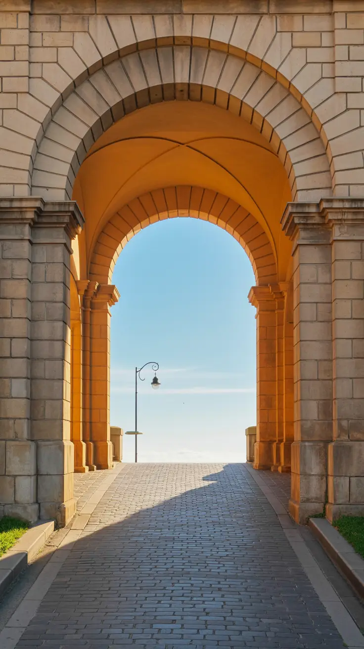 Sunlight bathes a stone archway in warm golden tones, casting soft shadows on a cobblestone path beneath a clear blue sky.