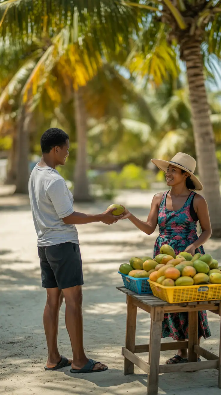 A local woman in a straw hat hands a ripe mango to a visitor at a wooden fruit stand with colorful baskets and palm trees under bright sunlight.