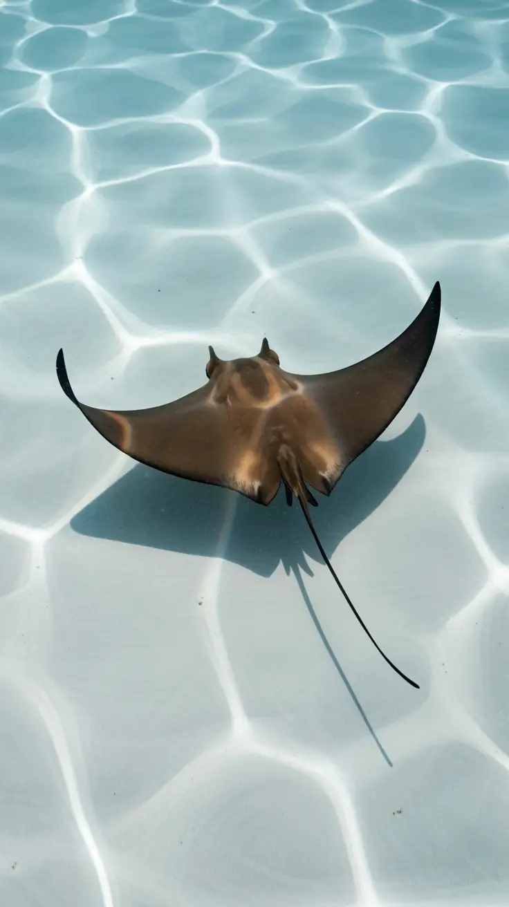 A single bat ray glides over a rippled sandy seabed in clear, sunlit shallow water, casting a soft shadow below.