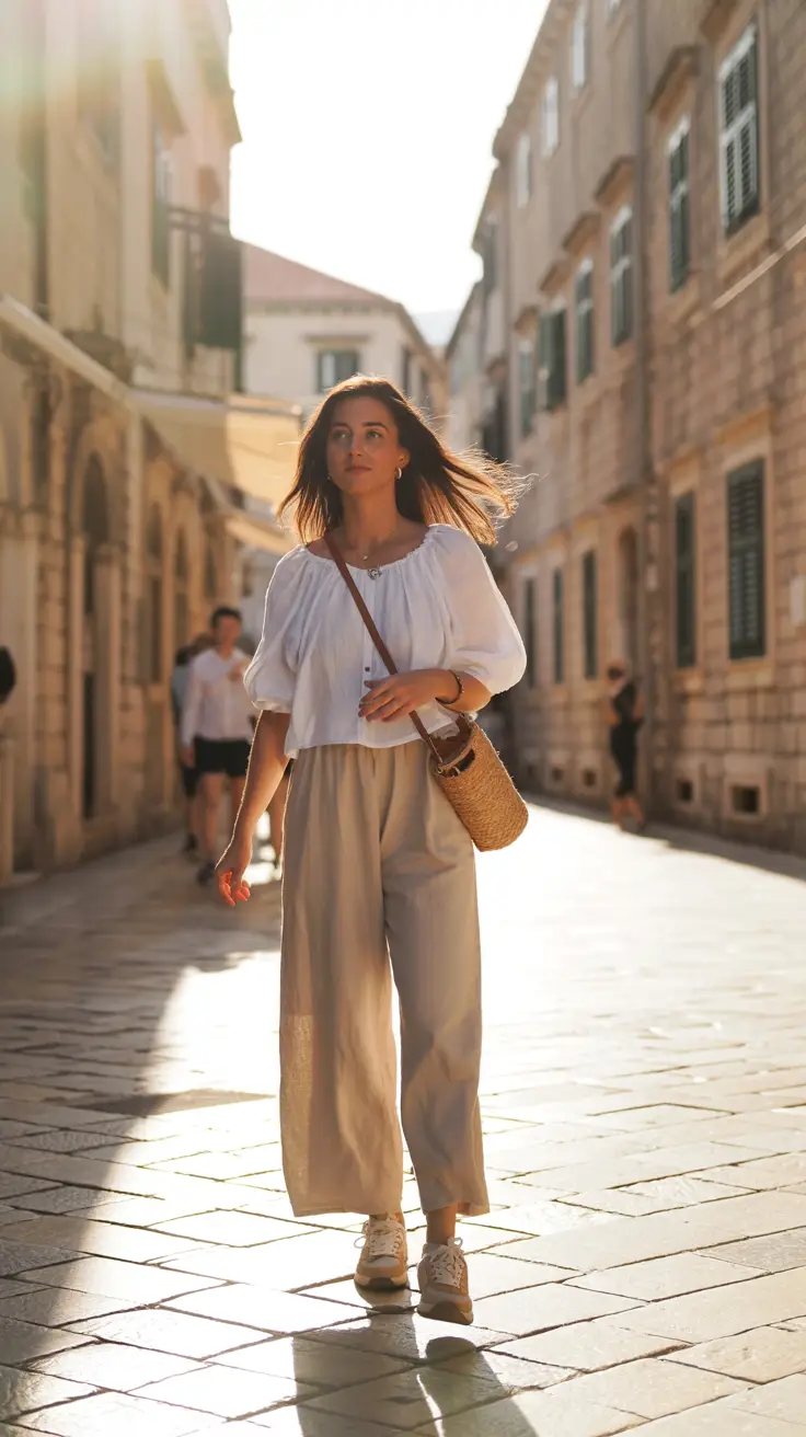A woman in a flowing white peasant blouse and wide-leg linen pants walks along a sunlit cobblestone alley in Dubrovnik’s Old Town, wearing tan leather sneakers and a woven crossbody bag.