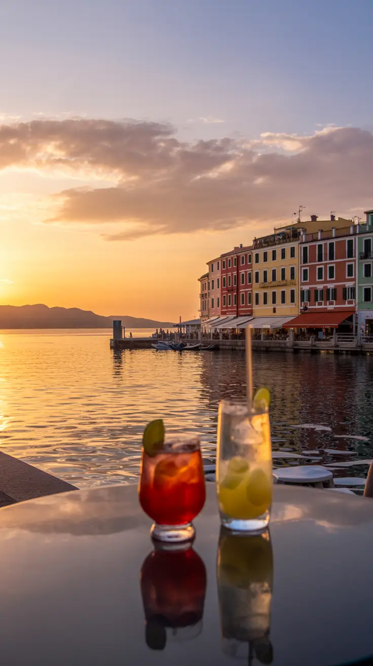 A golden sunset over the sea with colorful waterfront buildings glowing in the evening light and two cocktails on a seaside bar table.