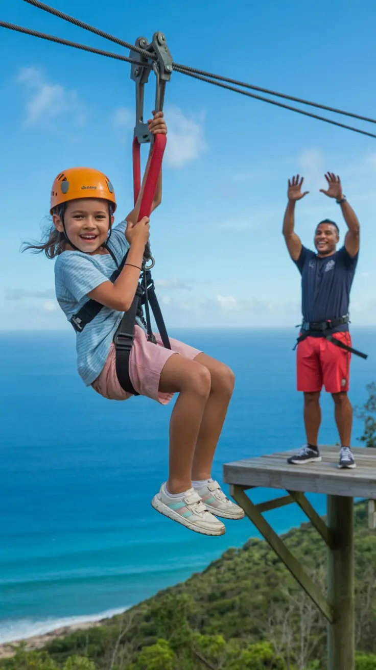 Child smiling on Dragon's Breath Zipline with ocean view in background and guide cheering nearby.