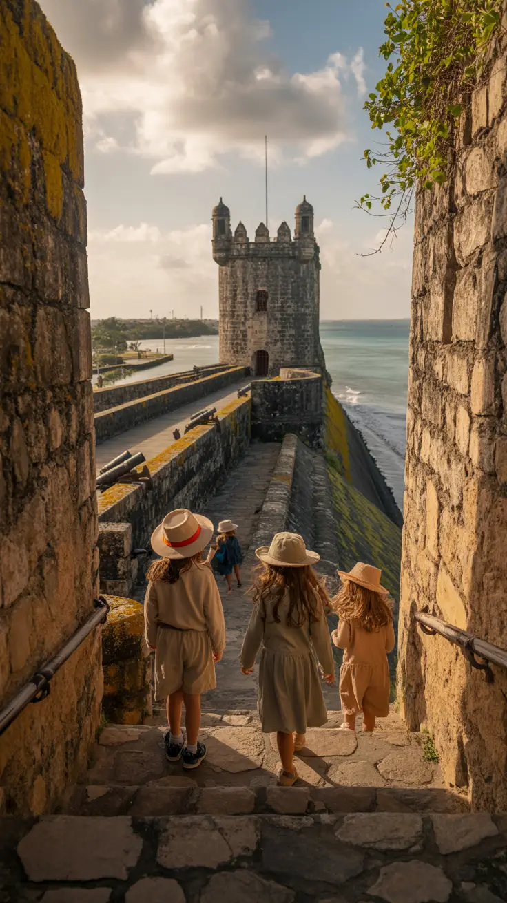 Children dressed as young adventurers explore Fortaleza Ozama’s stone corridors under golden light with the Torre del Homenaje towering nearby and the Ozama River shimmering in the background.