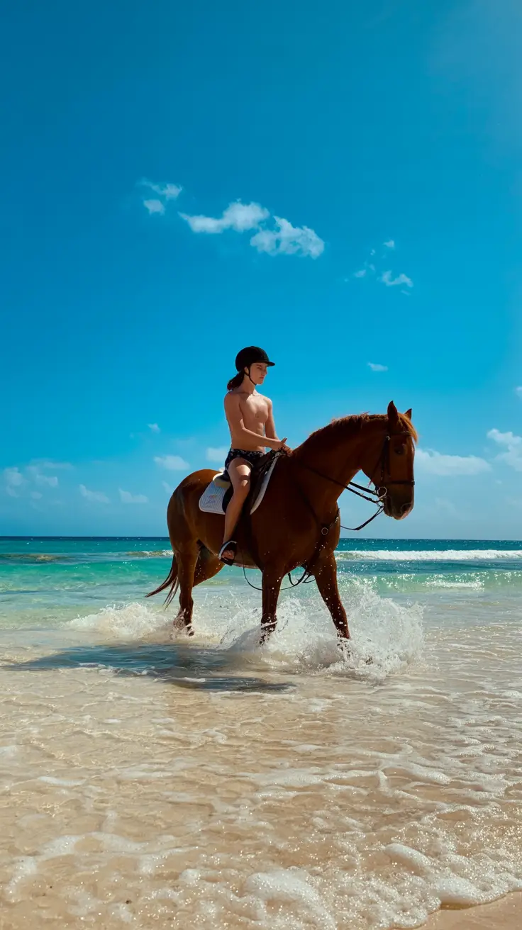 A rider on horseback splashes through shallow Caribbean surf along a sunlit shoreline with turquoise waves and golden sand under a bright blue sky.
