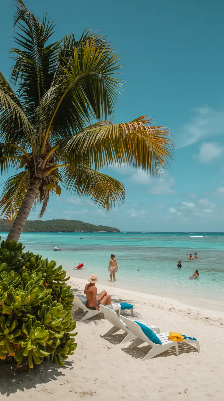 Tropical paradise with powdery white sand, turquoise kid-friendly waters, vibrant coral reefs, colorful fish, palm trees, and a luxury beach club.