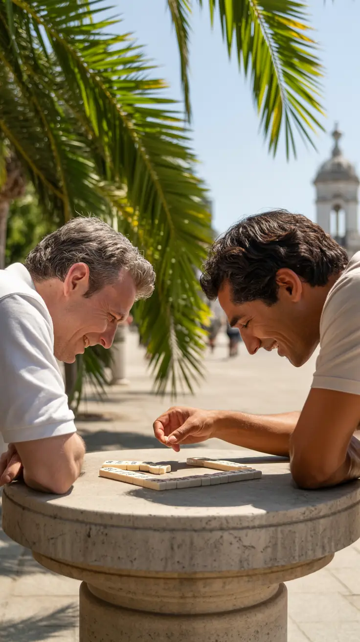 Two men play dominoes at a stone table in Parque Central on a sunny day, palm leaves stirred by a passing breeze and soft shadows cast beneath a clear sky.