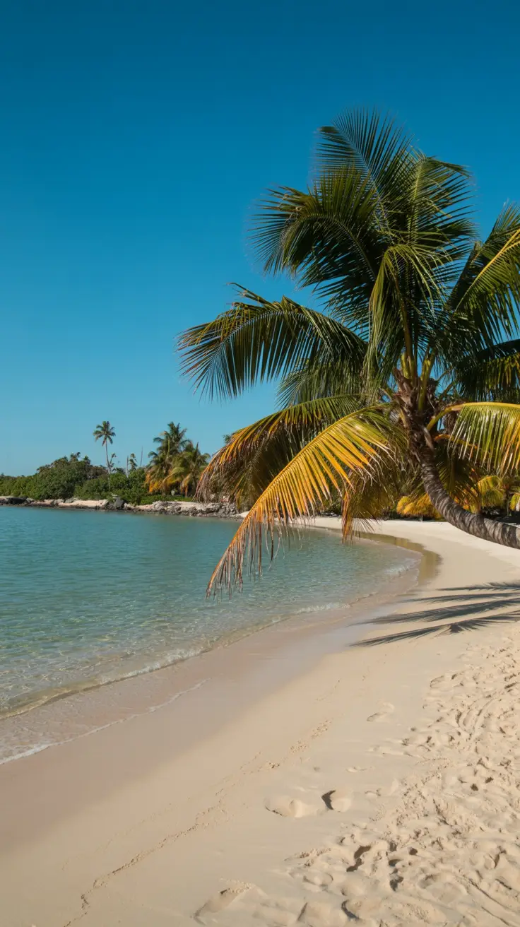 A bright sunny day casts golden light over soft white sand and clear turquoise water at Playa Juanillo, with tall palm trees swaying in the breeze.