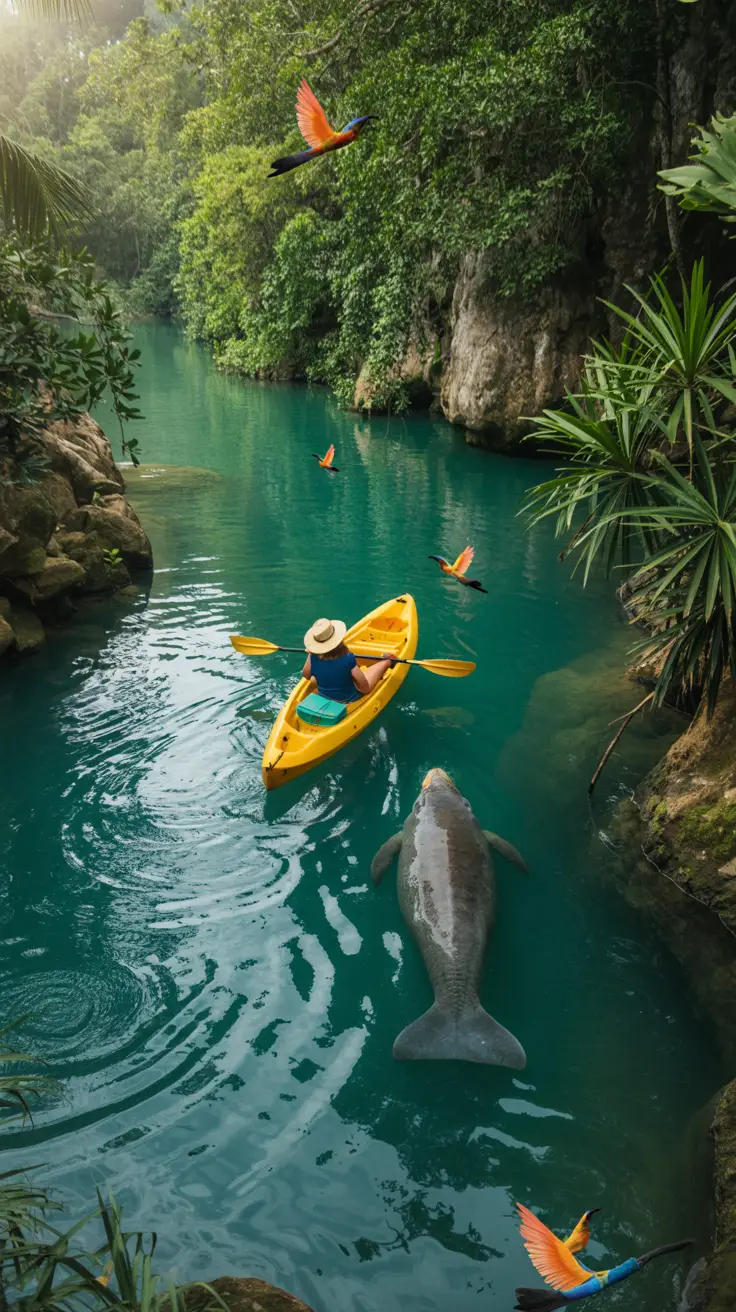 A tranquil jungle river winds through lush greenery with tropical birds in flight, a solitary kayaker gliding over calm water near hidden limestone pools and surfacing manatees.