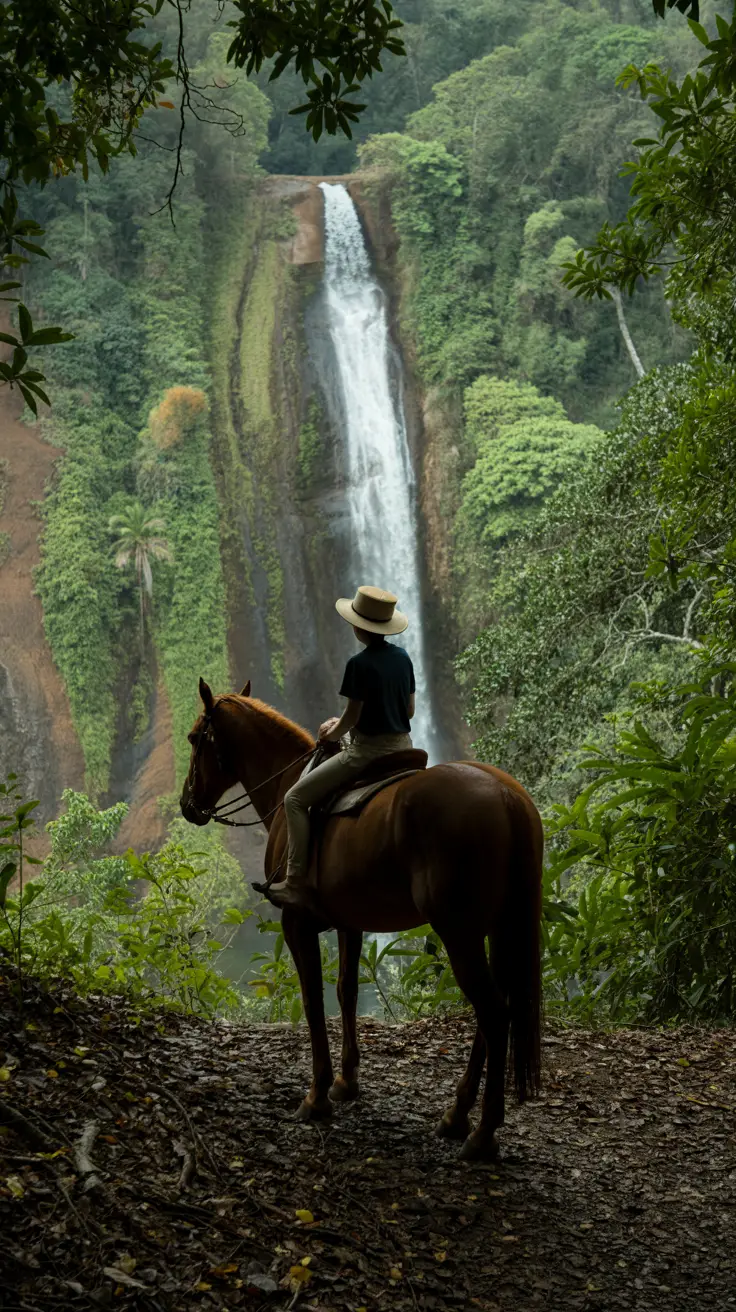 Horseback ride through lush forest to Salto El Limon waterfall with misty light and dramatic silhouettes.