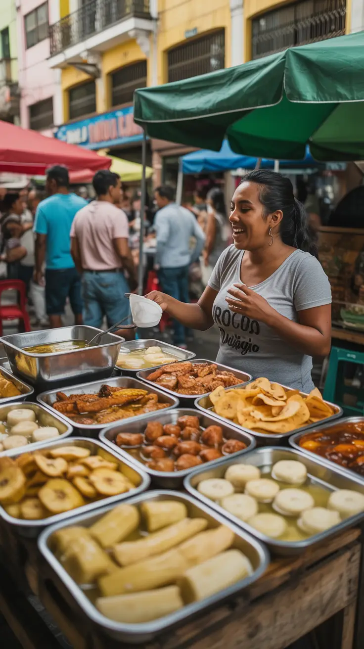 Street food stalls at Mercado Viejo with locals enjoying plantain chips, yuca, chicharron, and mangu cooked in seasoned oil.